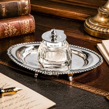 Lovely Edwardian English Antique Sterling Silver Crystal Inkwell Pen Tray picture