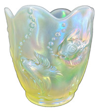 Fenton Topaz Vaseline Opalescent Atlantis Koi Fish Vase 5150 TS - Glows picture