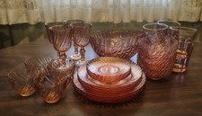 vintage Rosaline Pink Swirl glassware and dinnerware by Arcoroc 34 Piece Set picture