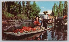 Vintage Xochimilco Floating Gardens Trajinera Flower Boat Mexico DF Postcard picture