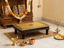 Wooden And Brass Finish Designer Pooja Chowki 12