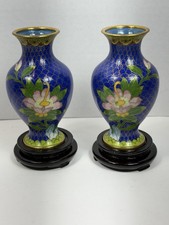 Two Vintage Chinese Cloisonne Enamel Vases with Stands 6” Blue Lotus In Box picture