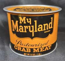 NOS 16OZ MY MARYLAND CRAB MEAT CO CRISFIELD MARYLAND ORANGE BLACK UNUSED TIN picture