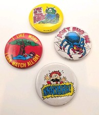Vtg 1960s/70s Pin Back Buttons Sci-Fi Alien Spider Work Tin Litho~Funny~Lot of 4 picture