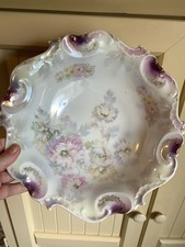 Antique VTG JSV Bavaria Purple Pink Floral Iridescent Serving Bowl Early 1900s picture