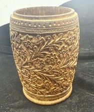 Vintage Hand Carved Wooden Vase Floral Indian Rosewood Pen Holder Cup Container picture