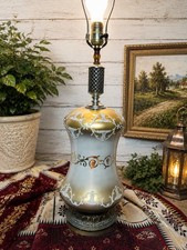 Vintage Hollywood Regency Gold Frosted Glass Table Lamp Ornate Filigree MCM picture