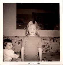 Cute Young Blonde Girl and Toddler Sibling, 1963 B&W Snapshot Photo picture