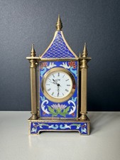 Chinese Cloisonné Enamel Pagoda Mantel Clock Blue Brass Quartz Japan Movement picture