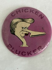 Vintage Basil Wolverton Chicken Plucker Button Pin - Pink Humor picture