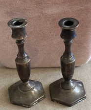 VTG Mini Brass Candlestick Holders Pair 3” Octagon Base Baluster India chime picture