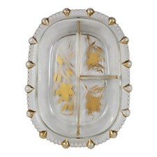 MCM Glass Condiment Tray Relish Pickle Dish 22k Gold Leaf Vintage picture