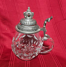German Clear Glass Lidded Stein w/ Ornate Pewter King Queen Crown Lid & Handle picture