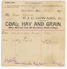 1892 North Easton MA J.C. Goward Coal Hay & Grain Bill Mr. Lyons Antique Receipt picture