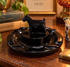 Vtg Greensburg Black Glass Scottish Terrier Dog Ashtray Art Deco Tobacciana Tray picture