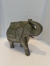 Vintage Metal‑Wrapped Wooden Elephant Sculpture — Handcrafted Etched  picture