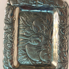 Vintage 1990 Arthur Court Bunny Rabbit Large Rectangular Aluminum Serving Tray / picture
