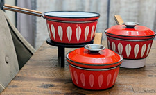 VTG Cathrineholm Norway Red Lotus 3 Pot 2 Lid Set Grete Prytz Kittelsen Teak MCM picture