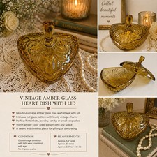 Vintage Amber Glass Heart Dish with Lid | Cut Glass Candy Dish | Romantic Trinke picture