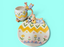 Fitz & Floyd Omnibus Eggspress Bunny Rabbit Plate Cup Set Pastel Spring Vintage picture