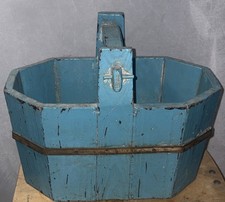 Vintage Large Wood/Wooden Chinese Square Grain Bucket/Basket Blue  10x13 Inches picture