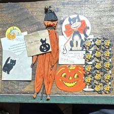 Vintage Halloween Greeting Card Lot, Black Cat & Jack-o'-Lantern diecut witches  picture