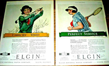 PAIR of 1925 ELGIN WATCH ADS ~ JAMES MONTGOMERY FLAGG ARTWORK ~ GOLF & TENNIS  picture