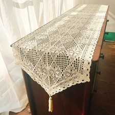 Vintage Hand Crochet Lace Table Runner Dresser Scarf Doilies Floral Tablecloth picture