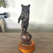 Eli Harvey Signed Bear Sculpture Balancing on Ball Metal Figure Wood Base picture