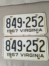 Vintage Pair Of 1967 Virginia License Plates . Matching Set VA Tag # 849-252. picture