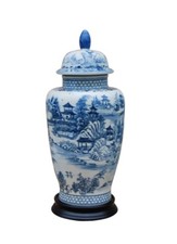 Beautiful Blue and White Porcelain Landscape Blue Willow Temple Jar 16