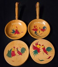 Vtg 1950s Mid Century Rooster Wooden Snack Bowls & Hamburger Presses 4pc Japan picture