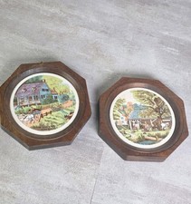 2 VTG Currier & Ives American Homestead octagonal wooden wall plaques Ceramic picture
