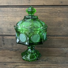 Vintage Fostoria Emerald Green Glass Lidded Dish Frosted Satin Coin Candy Dish picture