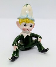 Vintage Norcrest 1950s Japan Ceramic Pixie Elf Flower Hat Seated *On A Shelf* picture