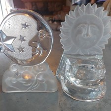 Vintage Glass Celestial Moon Sun Face Stars Candle Holders  Frosted PL set picture