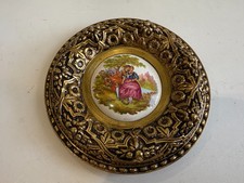 Vintage Spain Limoges Fragonard Porcelain Plaque w/Ornate Gold Brass Frame, 6