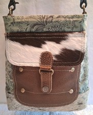 Myra Bag Western Tooled Leather And Cowhide W/ Copper Grommets Crossbody Purse picture