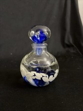 Vintage Joe Rice Art Glass Perfume Bottle Blue And White Floral Trumpet Flower picture
