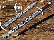 Unique Handmade Damascus Steel Viking / Medieval Sword With Leather Sheath. picture