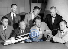 THE MERCURY SEVEN ASTRONAUTS CREW POSING WITH ATLAS MODEL 1959 5X7 NASA PHOTO picture
