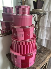 HUGE Victoria's Secret VINTAGE Red Pink Striped Collectible Display Hat Box Set picture