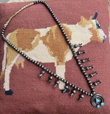 Vintage Early Navajo Sterling Silver Turquoise Squash Blossom Necklace Old Pawn picture