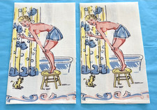 Vintage Tea Towels 1950s Guest Bath Bar Towels Risque Girls Fish Linen MCM Retro picture