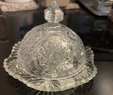 Antique American Brilliant Period Cut Glass Covered Butter Dish With Hobstars picture