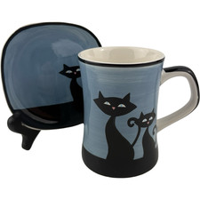 HUES N BREWS Cattitude Coffee Tea Mug & Coaster BLUE Black Cat Siamese Blue Eyes picture