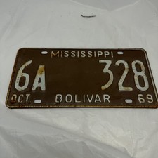 Vintage 1969 Mississippi License Plate Bolivar County Brown 6A 328 Oct 69 picture