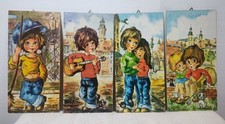 Vtg 1970s Big Eye Children Wood Plaques Set of 4 Krisarts Michel Thomas Style picture