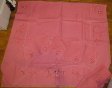 VTG SET 50s Tablecloth 8 Napkins Embroidered Oriental Chinese Design Pink Linen picture