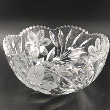 ABP Floral Cut Glass 8x4 Bowl 6 Petal Wheel Cut Flowers Leaves Feather Cut Edge picture